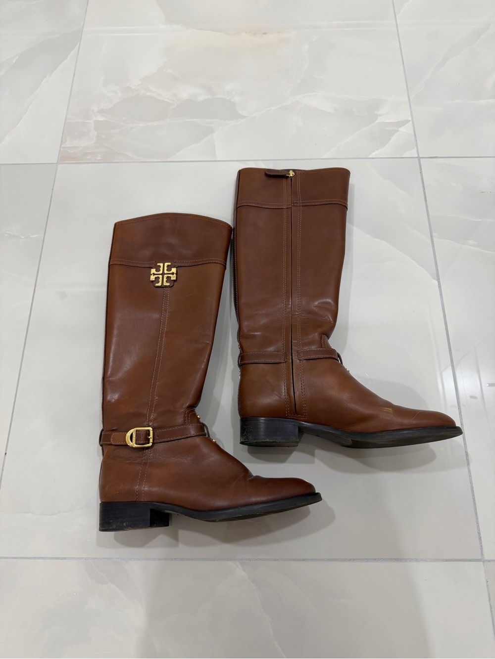 Tory Burch Adeline Brown Leather Riding Buckle Boots Size 7M
